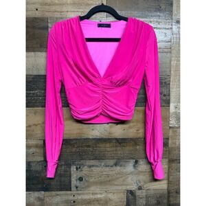 2 Saints Y2K Hot Pink Ruched V-Neck Long Sleeve Crop Top‎ Womens Small